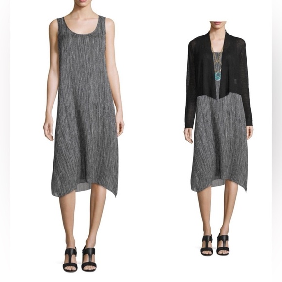 Eileen Fisher Firefly Printed Crinkle 100% Silk Sleeveless Tank Midi Slip Dress - Picture 10 of 11